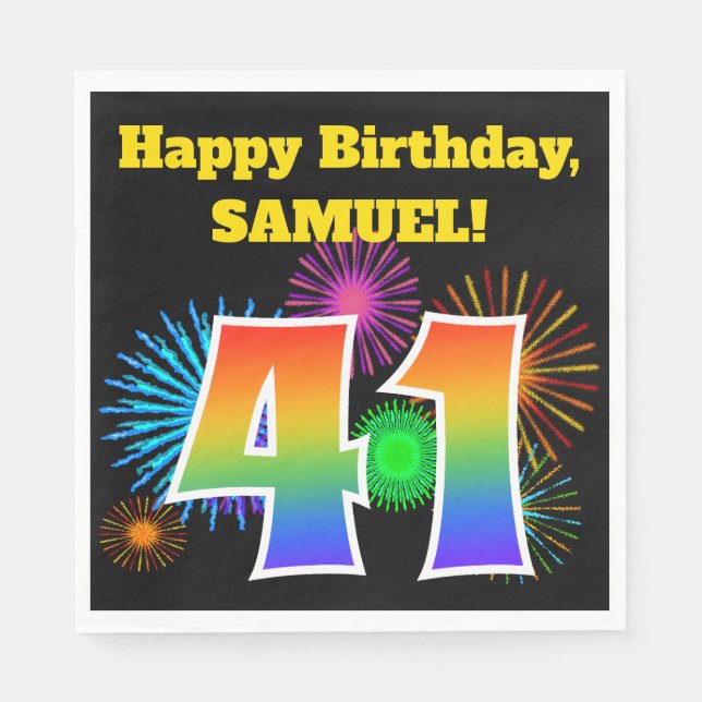 Fun Fireworks + Rainbow Pattern "41" Birthday # Napkins (Front)