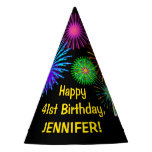 [ Thumbnail: Fun Fireworks + Rainbow Pattern "41" Birthday # Party Hat ]