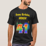 [ Thumbnail: Fun Fireworks + Rainbow Pattern "41" Birthday # T-Shirt ]