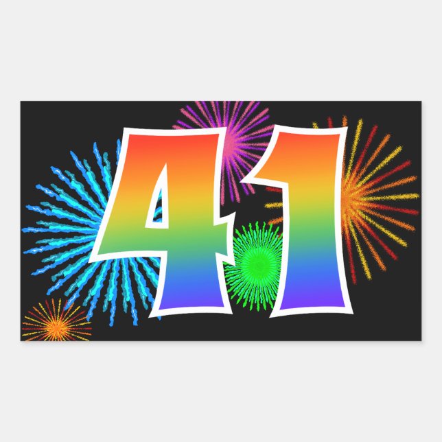 Fun Fireworks + Rainbow Pattern "41" Event Number Rectangular Sticker (Front)
