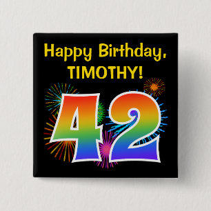 Fun Fireworks + Rainbow Pattern "42" Birthday # Button