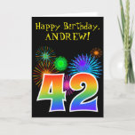 [ Thumbnail: Fun Fireworks + Rainbow Pattern "42" Birthday # Card ]