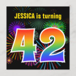 [ Thumbnail: Fun Fireworks + Rainbow Pattern "42" Birthday # Invitation ]