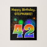 [ Thumbnail: Fun Fireworks + Rainbow Pattern "42" Birthday # Jigsaw Puzzle ]
