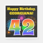 [ Thumbnail: Fun Fireworks + Rainbow Pattern "42" Birthday # Napkins ]