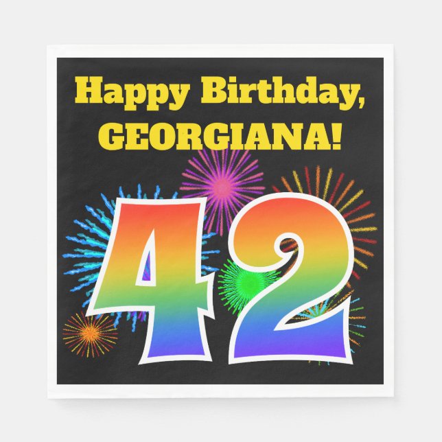 Fun Fireworks + Rainbow Pattern "42" Birthday # Napkins (Front)
