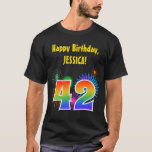 [ Thumbnail: Fun Fireworks + Rainbow Pattern "42" Birthday # T-Shirt ]