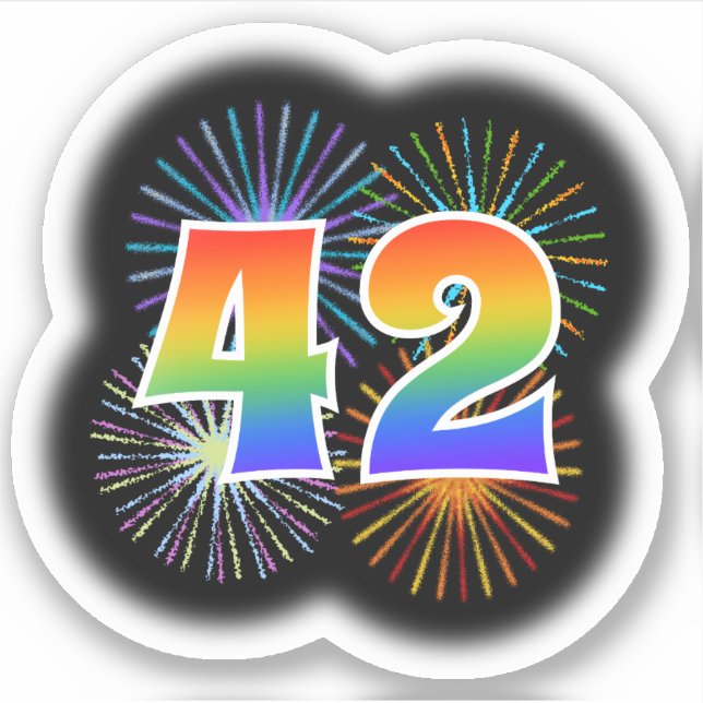 Fun Fireworks + Rainbow Pattern "42" Event # Sticker (Front)