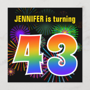 Fun Fireworks + Rainbow Pattern "43" Birthday # Invitation