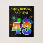 [ Thumbnail: Fun Fireworks + Rainbow Pattern "43" Birthday # Jigsaw Puzzle ]