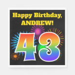 [ Thumbnail: Fun Fireworks + Rainbow Pattern "43" Birthday # Napkins ]