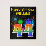 [ Thumbnail: Fun Fireworks + Rainbow Pattern "44" Birthday # Jigsaw Puzzle ]