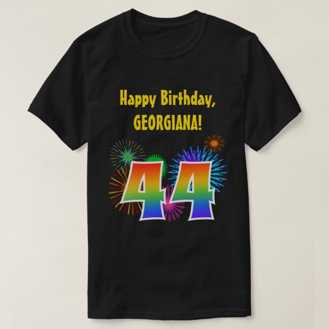 Fun Fireworks + Rainbow Pattern "44" Birthday # T-Shirt (Design Front)