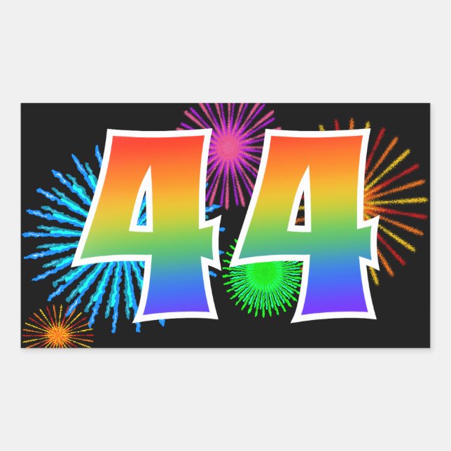 Fun Fireworks + Rainbow Pattern "44" Event Number Rectangular Sticker (Front)