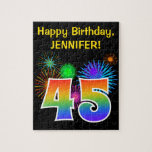 [ Thumbnail: Fun Fireworks + Rainbow Pattern "45" Birthday # Jigsaw Puzzle ]