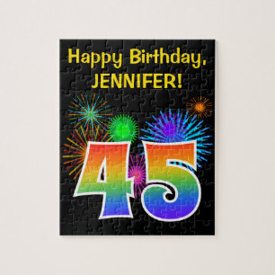 Fun Fireworks + Rainbow Pattern "45" Birthday # Jigsaw Puzzle