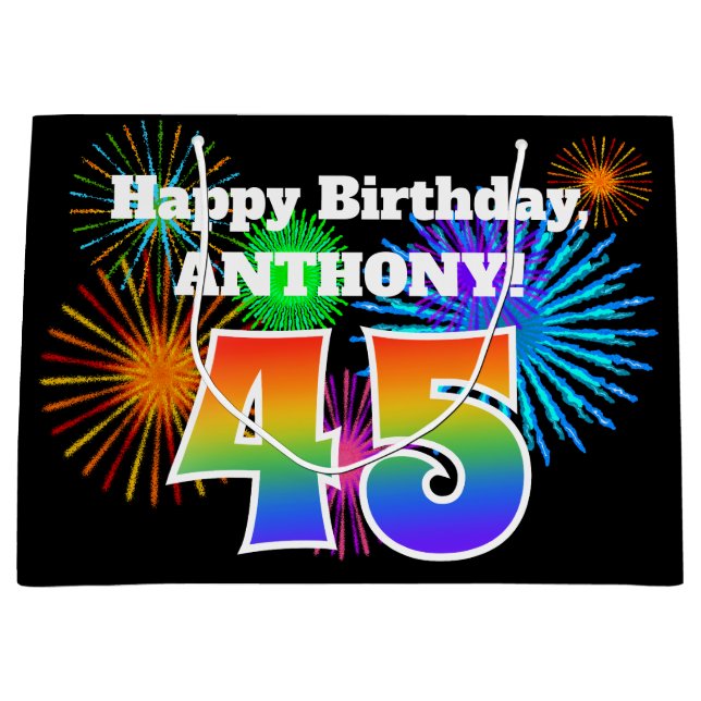 Fun Fireworks + Rainbow Pattern "45" Birthday # Large Gift Bag (Front)