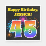 [ Thumbnail: Fun Fireworks + Rainbow Pattern "45" Birthday # Napkins ]