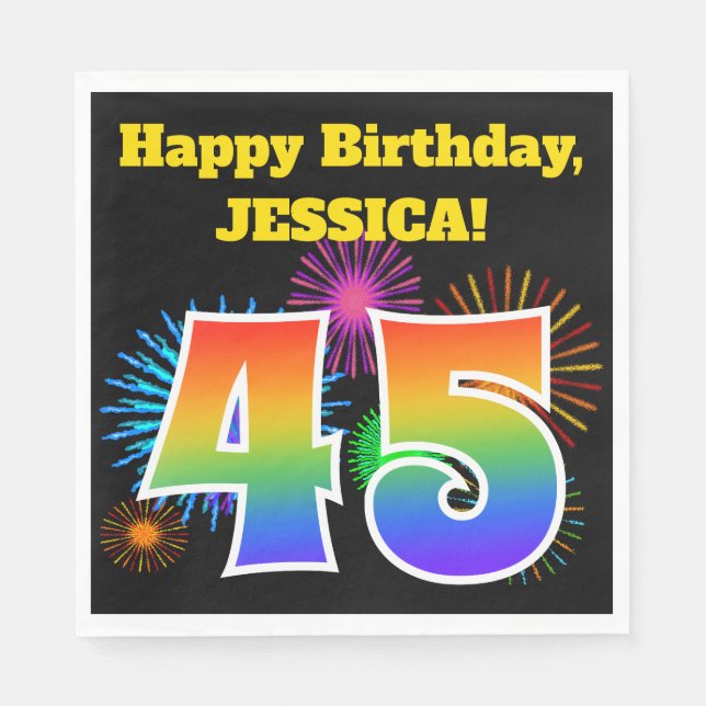 Fun Fireworks + Rainbow Pattern "45" Birthday # Napkins (Front)
