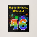 [ Thumbnail: Fun Fireworks + Rainbow Pattern "46" Birthday # Jigsaw Puzzle ]