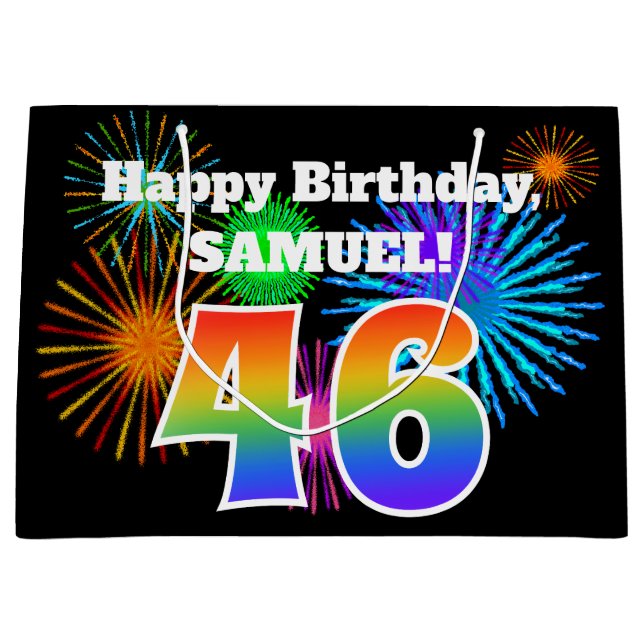 Fun Fireworks + Rainbow Pattern "46" Birthday # Large Gift Bag (Front)