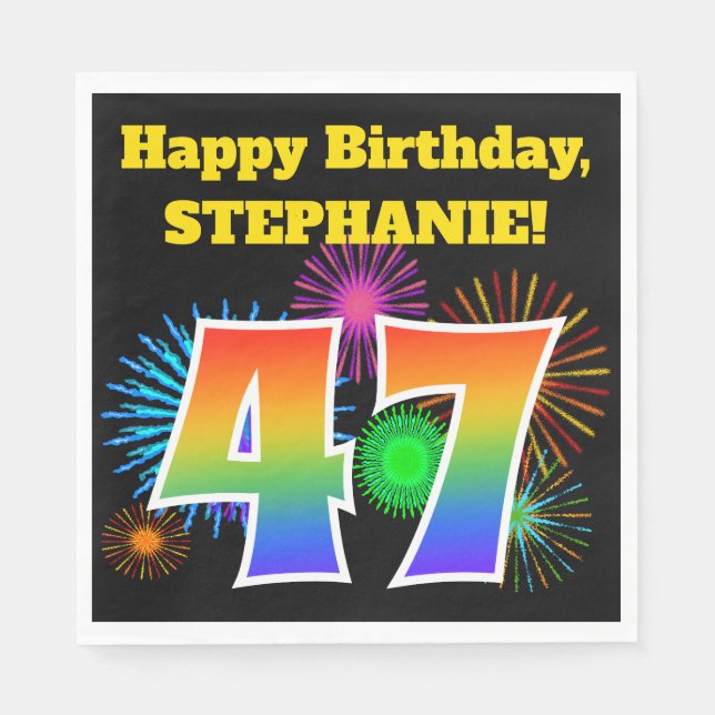 Fun Fireworks + Rainbow Pattern "47" Birthday # Napkins (Front)