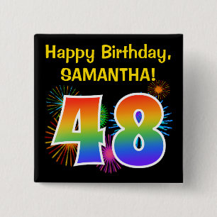 Fun Fireworks + Rainbow Pattern "48" Birthday # Button