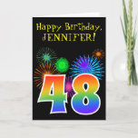 [ Thumbnail: Fun Fireworks + Rainbow Pattern "48" Birthday # Card ]