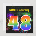 [ Thumbnail: Fun Fireworks + Rainbow Pattern "48" Birthday # Invitation ]