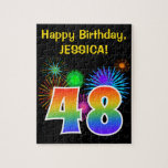 [ Thumbnail: Fun Fireworks + Rainbow Pattern "48" Birthday # Jigsaw Puzzle ]