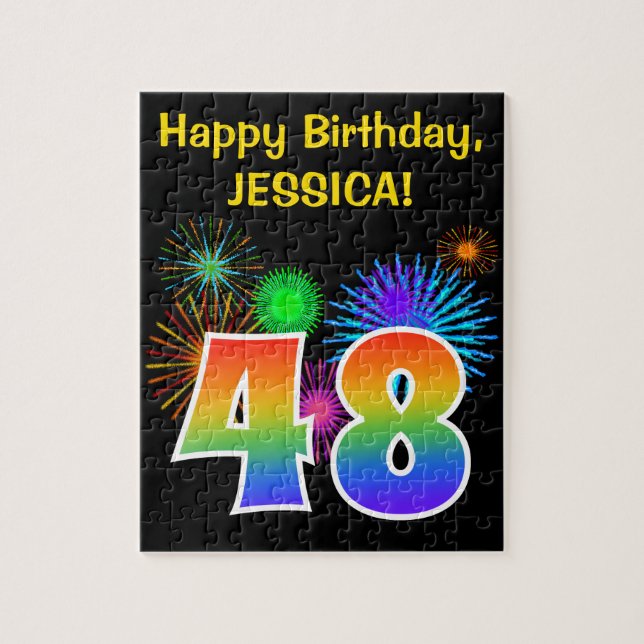 Fun Fireworks + Rainbow Pattern "48" Birthday # Jigsaw Puzzle (Vertical)