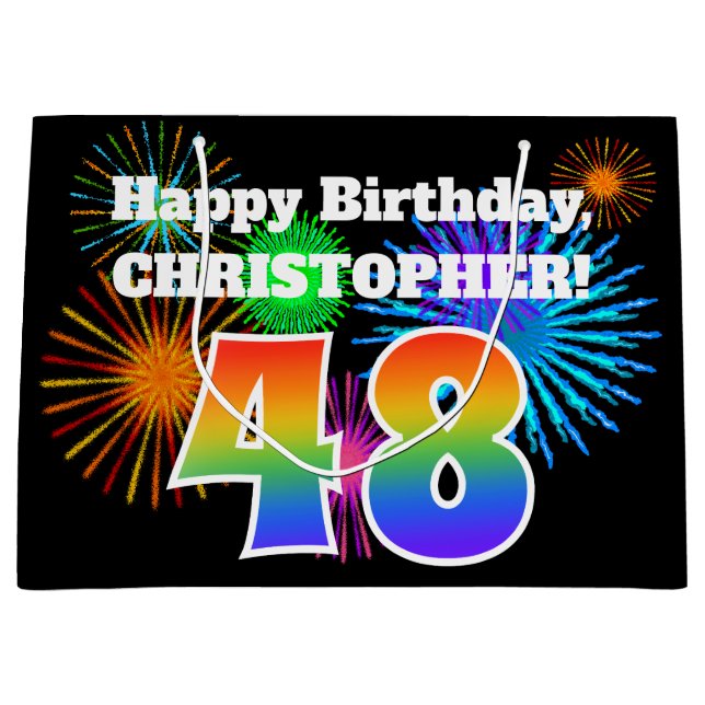 Fun Fireworks + Rainbow Pattern "48" Birthday # Large Gift Bag (Front)