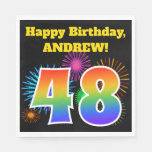 [ Thumbnail: Fun Fireworks + Rainbow Pattern "48" Birthday # Napkins ]