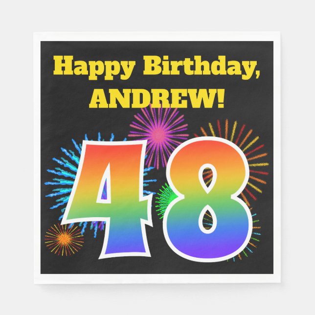 Fun Fireworks + Rainbow Pattern "48" Birthday # Napkins (Front)