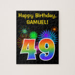 [ Thumbnail: Fun Fireworks + Rainbow Pattern "49" Birthday # Jigsaw Puzzle ]