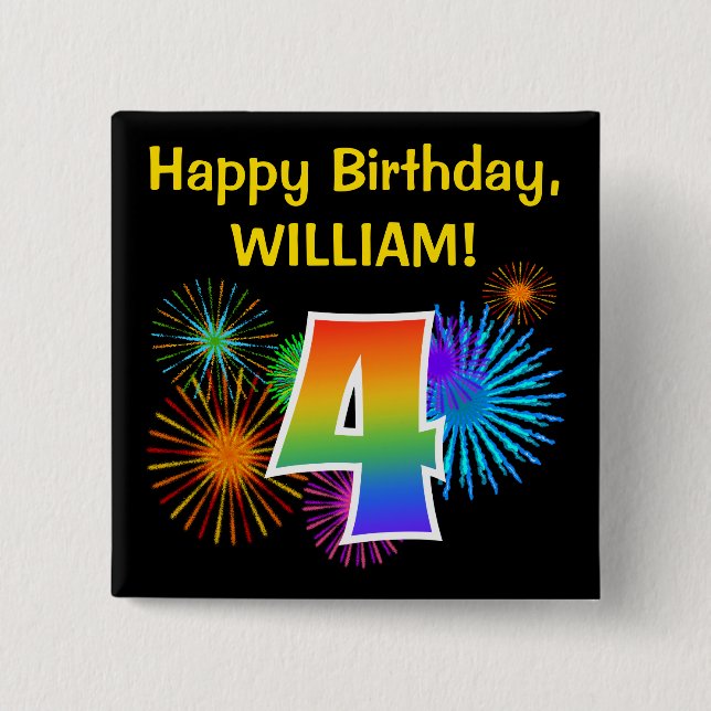 Fun Fireworks + Rainbow Pattern "4" Birthday # Button (Front)