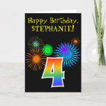 [ Thumbnail: Fun Fireworks + Rainbow Pattern "4" Birthday # Card ]