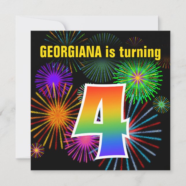 Fun Fireworks + Rainbow Pattern "4" Birthday # Invitation (Front)