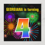 [ Thumbnail: Fun Fireworks + Rainbow Pattern "4" Birthday # Invitation ]