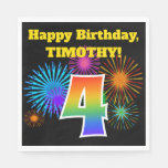[ Thumbnail: Fun Fireworks + Rainbow Pattern "4" Birthday # Napkins ]
