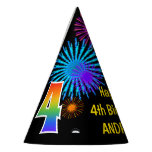 [ Thumbnail: Fun Fireworks + Rainbow Pattern "4" Birthday # Party Hat ]