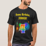 [ Thumbnail: Fun Fireworks + Rainbow Pattern "4" Birthday # T-Shirt ]