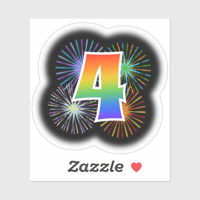Fun Fireworks + Rainbow Pattern "4" Event # Sticker (Sheet)