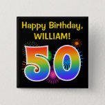 [ Thumbnail: Fun Fireworks + Rainbow Pattern "50" Birthday # Button ]