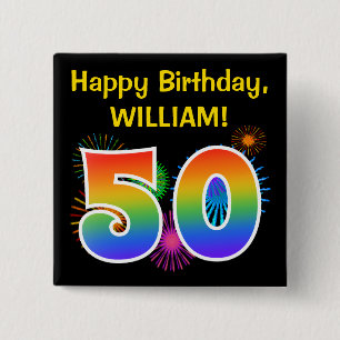 Fun Fireworks + Rainbow Pattern "50" Birthday # Button