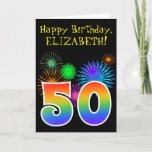 [ Thumbnail: Fun Fireworks + Rainbow Pattern "50" Birthday # Card ]
