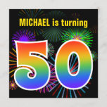 [ Thumbnail: Fun Fireworks + Rainbow Pattern "50" Birthday # Invitation ]