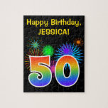 [ Thumbnail: Fun Fireworks + Rainbow Pattern "50" Birthday # Jigsaw Puzzle ]