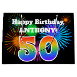 [ Thumbnail: Fun Fireworks + Rainbow Pattern "50" Birthday # Gift Bag ]