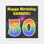[ Thumbnail: Fun Fireworks + Rainbow Pattern "50" Birthday # Napkins ]